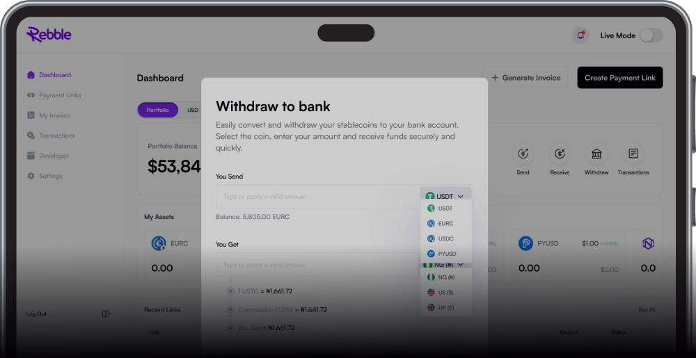 Rebble dashboard displayed on a laptop
