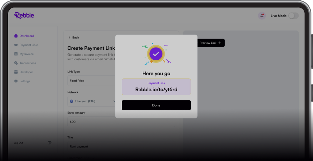 Rebble pay-by-link workflow displayed on a laptop